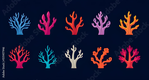 Coral reef cartoon set, Coral marine life silhouettes, Coral ecosystem icons, Coral detailed icons, Coral fancy icon set, Coral ornamental icons, Coral sea flora set, Coral marine symbols, Coral under