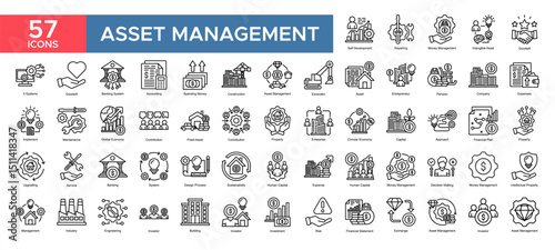 Asset Management collection set. Money Management, Integible Asset , Self Development, Asset, Entrepreneur, Company , Financial Plan, Investment, icon. Simple outline vector illustration