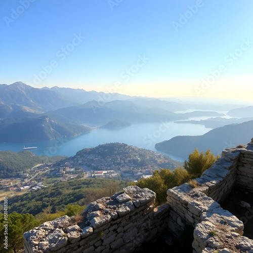 Landscape from the ruins on the Gradine hill, located above the Montenegrin city of Risan - a view of a fragment of the Bay of Kotor and the mountains on a sunny morning.