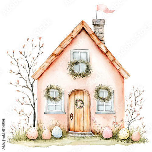Watercolor Spring House Illustration with Eggs and Wreath Transparent PNG Isolated photo