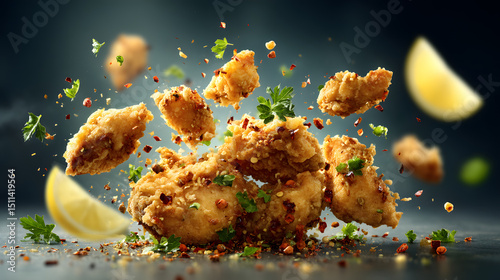 Crispy Fried Chicken Explosion: An appetizing shot of golden-brown, crispy fried chicken pieces bursting outwards. Garnished with vibrant herbs and a slice of lemon, the image is a feast for the eyes.