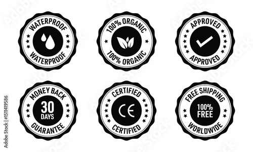Waterproof, 100% Organic, Approved, Money Back Guarantee, Certified, Free Shipping Worldwide, Badge Vectors