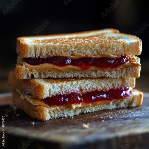 Close-up of three toasted bread slices with peanut butter and raspberry jam stacked on a rustic wooden surface in a warm inviting setting