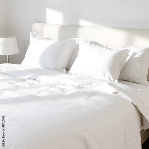 Capture a sleek, modern bedroom setting with a crisp white bedspread, pillows neatly arranged Show high-quality detailing in linens, emphasizing clean lines and inviting simplicity