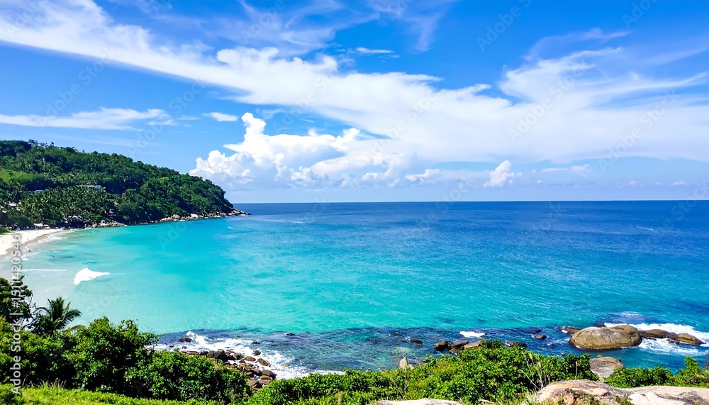 Fototapeta premium Turquoise bay with white sand beach under blue sky.