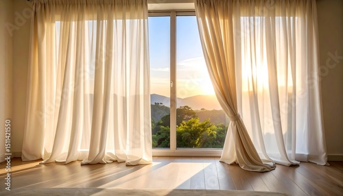 Sunlit white curtains blowing gently by a large window