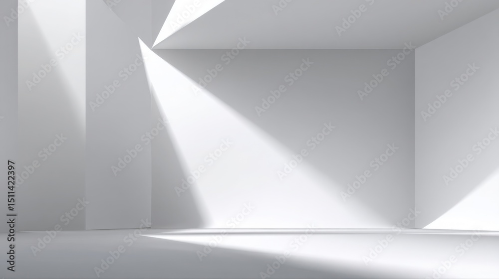 Fototapeta premium Abstract geometric background with white space, sharp shadows, and light reflections on the floor. Minimalist interior design of a modern room or exhibition hall.