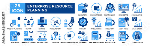 Enterprise resource planning icon collection set. Inventory Management, Order Processing, Customer Relationship, Accounting Dashboard, Financial Forecasting