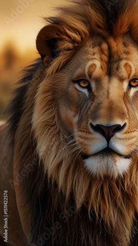 The muzzle of a beautiful lion with a gorgeous mane.
