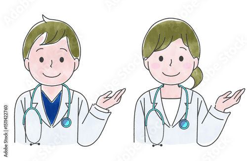 笑顔で案内する白衣の男性と女性セット