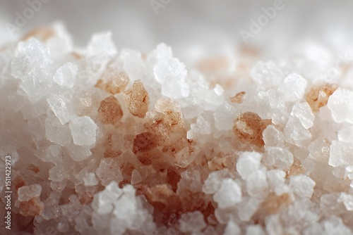 Close-up view of a textured surface of salt crystals, with a mix of white and reddish-brown grains. The image showcases the granular structure and color variations in the salt