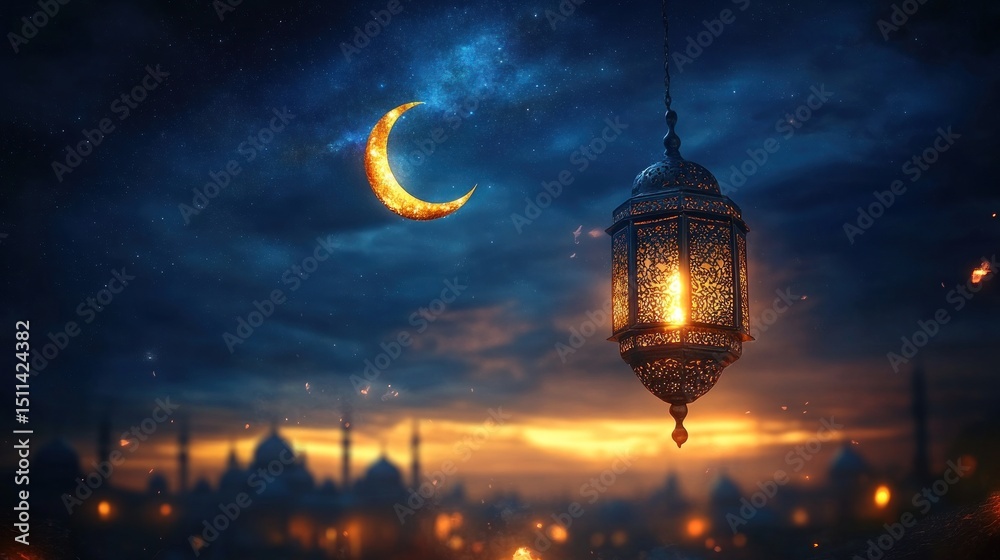 Obraz premium a stunning illustration depicting the serene essence of ramadan with a shimmering crescent moon and an intricately designed lantern illuminating the twilight sky above a dreamy cityscape