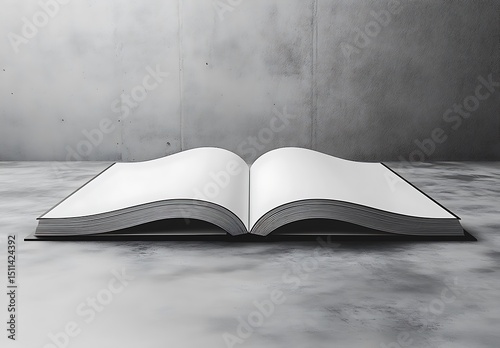 Open Book with Blank Pages Mockup on Gray Surface Minimalist Concrete Wall


