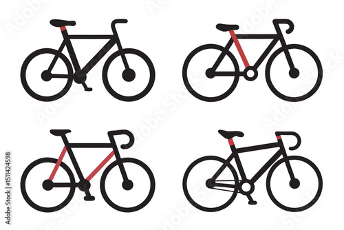 Vector set of cycling sport icons featuring silhouettes of bicycles, mountain bikes, and other cycling vehicles with wheels, pedals, and gears