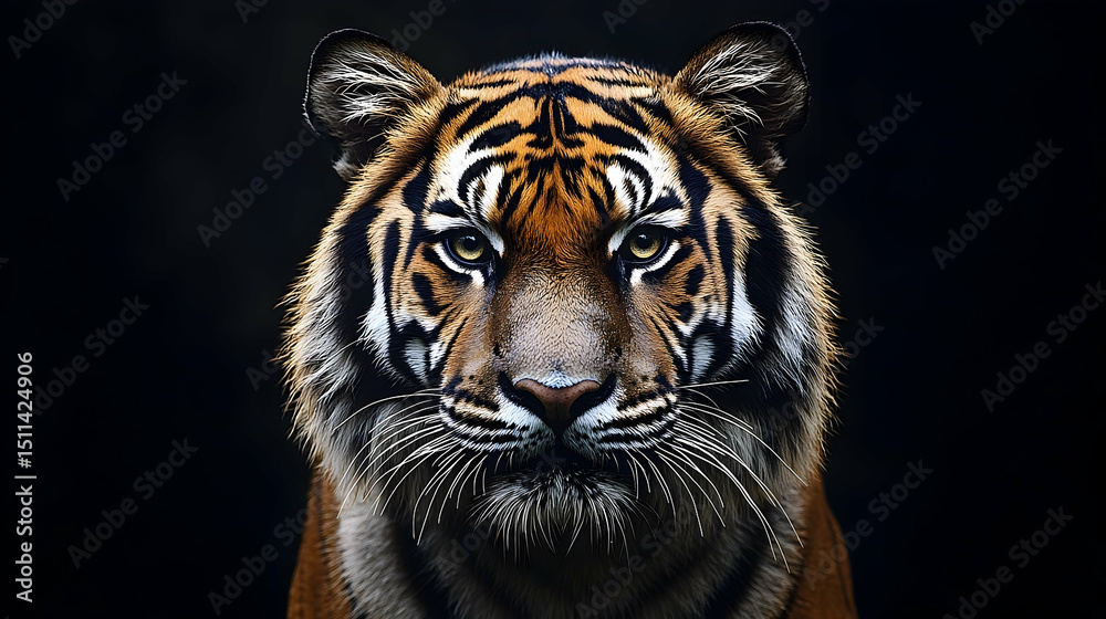 Fototapeta premium Close-up of a tiger's face against a dark background.