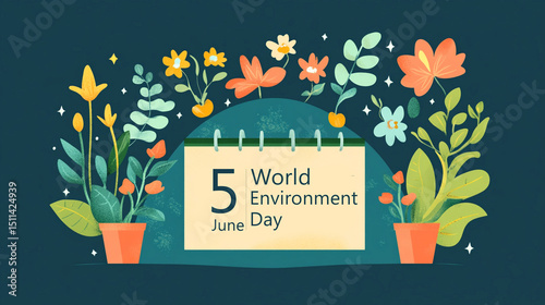 Flat vector of Environment Day -June 5 text with plant doodles, cheerful style. 