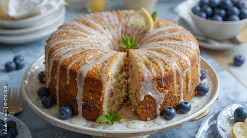 Blueberry, lemon and mint drizzle cake