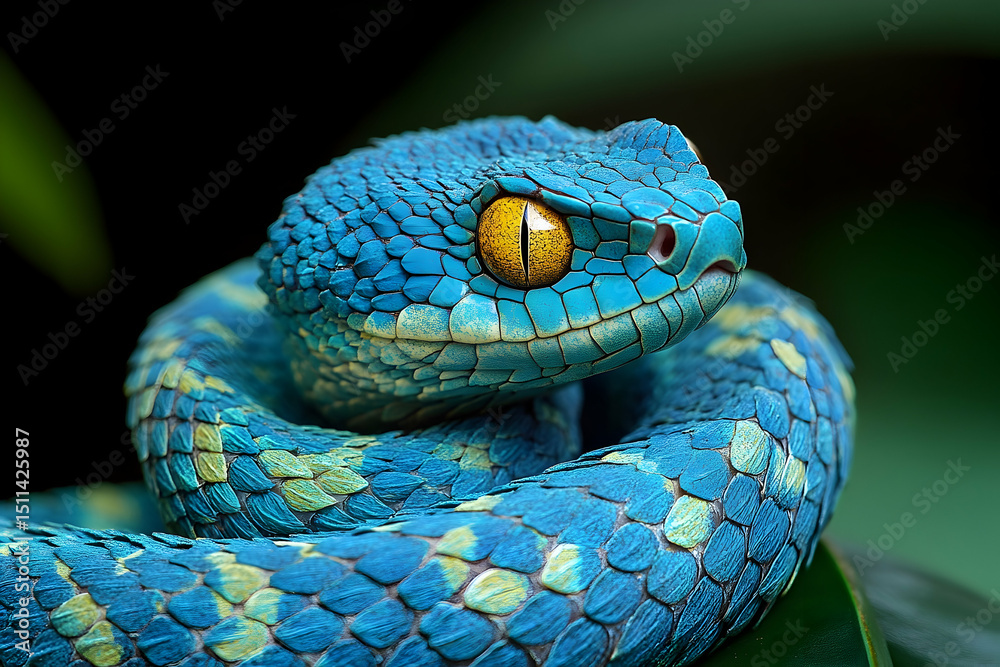 Fototapeta premium Close-up view of a vibrant blue venomous pit viper.