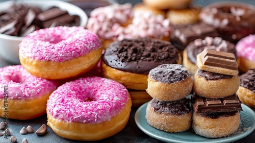 Calorie bomb taste with sugar, salt, and greasy snack concept. An assortment of colorful donuts and chocolate treats.