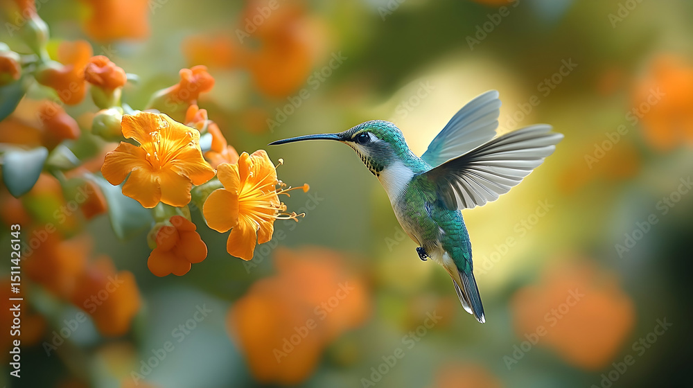 Naklejka premium A hummingbird hovers near vibrant orange flowers.