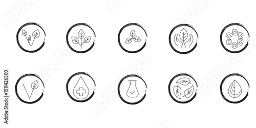 Vector set of design elements, logo design template, icons and badges for natural and organic cosmetics in trendy linear style 