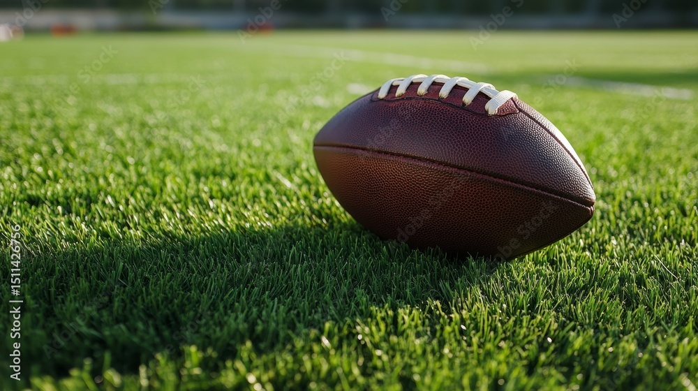 Obraz premium An american football in action on a perfectly even field of green grass sports event outdoor environment perspective on play