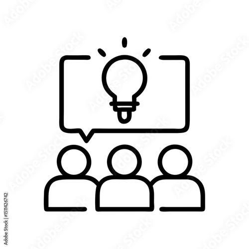 Group of people discussing ideas with light bulb icon symbolizing brainstorming