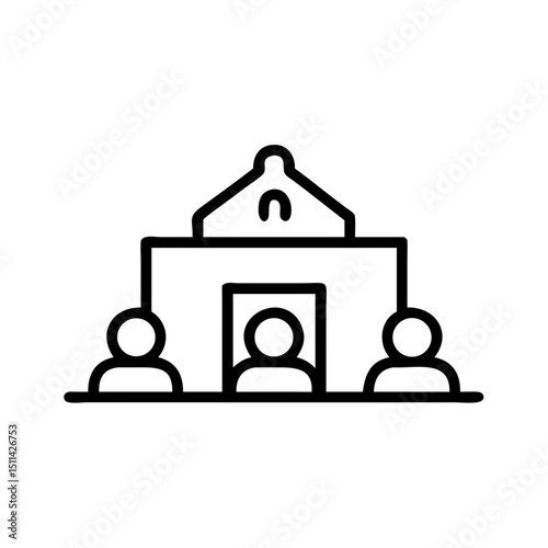 Simple line icon of building with three people, representing community or organization
