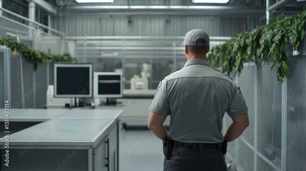 Fototapeta premium Security Guard in Modern Laboratory Surrounded by Greenery