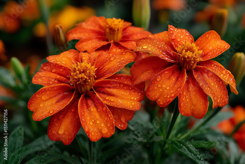 close-up photograph of soft raindrops gently falling on vibrant orange marigolds in the misty mornin photo