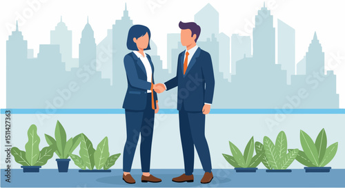 Vector illustration of a businesswoman and businessman shaking hands in an office setting, symbolizing partnership, equality, and successful business agreement on a white background.