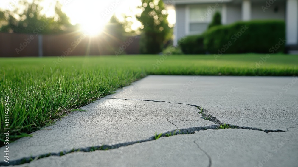 Obraz premium Cracked Concrete Slab Surrounded by Lush Green Grass at Sunset