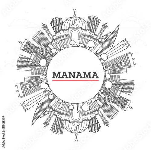 Outline Manama Bahrain City Skyline with Modern Buildings and copy space Isolated on White. Illustration. Manama Cityscape with Landmarks.