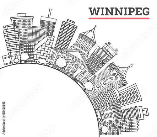 Outline Winnipeg Canada City Skyline with Modern Buildings and copy space Isolated on White. Illustration. Winnipeg Cityscape with Landmarks.