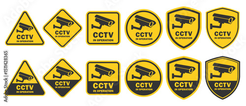 Warning yellow black sign set. Security cameras in use symbol icon. Fixed CCTV camera logo sign collection. Vector illustration image. Isolated on white background.	