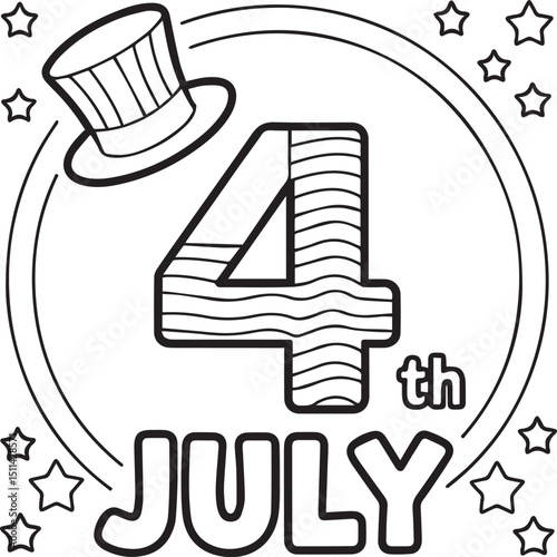 Circular Patriotic 4th of July Design with Stars and Hat – Independence Day Vector Coloring Page, 4th of July Vector, USA Independence Day