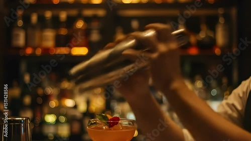 Bartender shaking cocktail mixer at bar