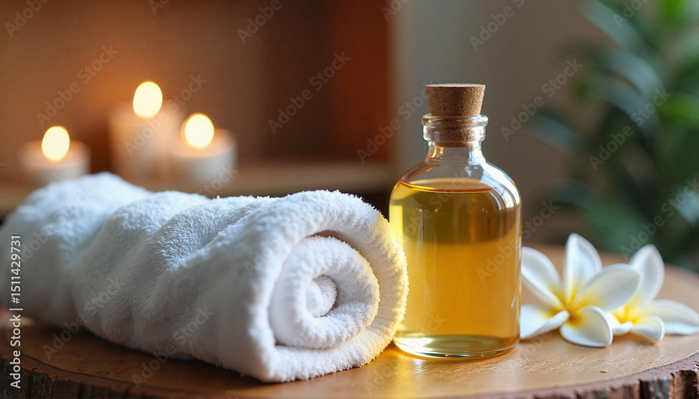 towel on wooden table with oil on candle background towel on wooden table with oil on candle background