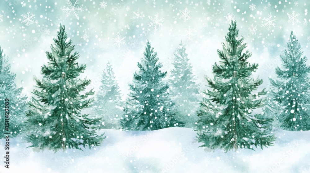 Fototapeta premium Charming watercolor pine trees capturing softly falling snow in a serene winter landscape from a tranquil viewpoint