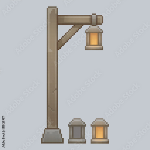 wooden street torch lamp in pixel art style with isolated background