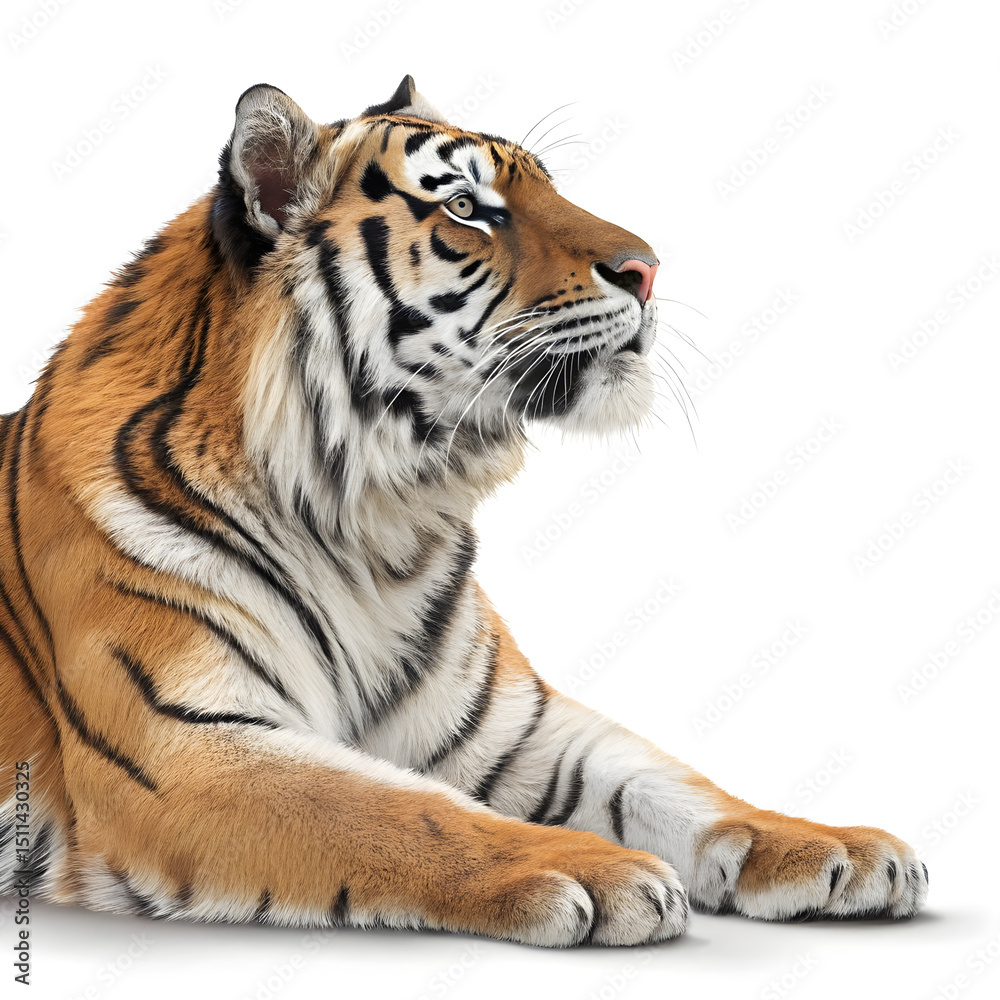 Naklejka premium A full-body Bengal tiger lying down with its head raised, displaying detailed fur patterns and a relaxed expression.