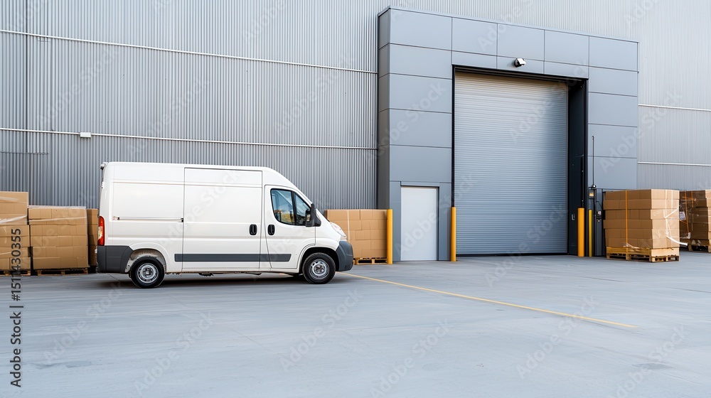 Fototapeta premium Delivery Van Parked Near Warehouse Loading Dock with Pallets