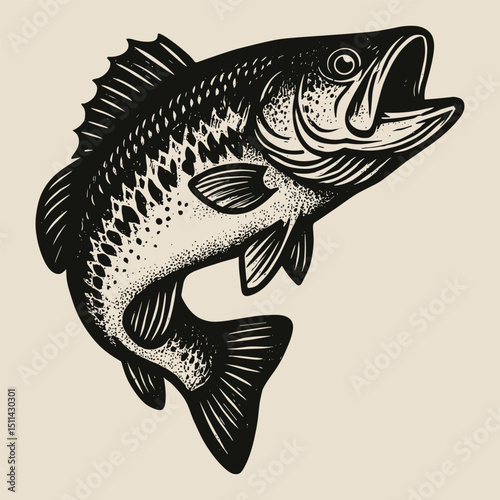 Vintage Bass Fish Illustration – Black and White Jumping Fish Drawing for Fishing T-Shirt or Logo Design