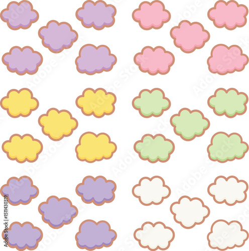 Cute clouds pop decoration material. Fluffy, soft, moist, Harajuku style. icing cookie. / かわいい雲のポップな装飾素材 ふわふわ やわらかい しっとり 原宿系 アイシングクッキー