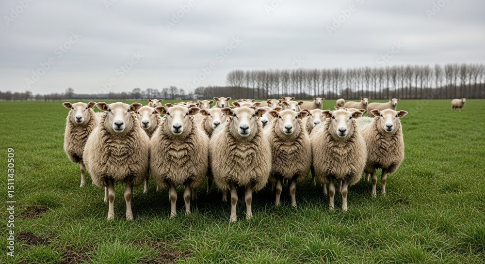 Fototapeta premium Flock of Fluffy Light-Colored Sheep Standing in Green Field Under Overcast Sky with Bare Trees