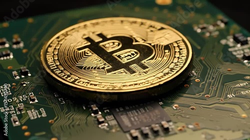 Macro view of golden bitcoin on microchip,rotate view camera