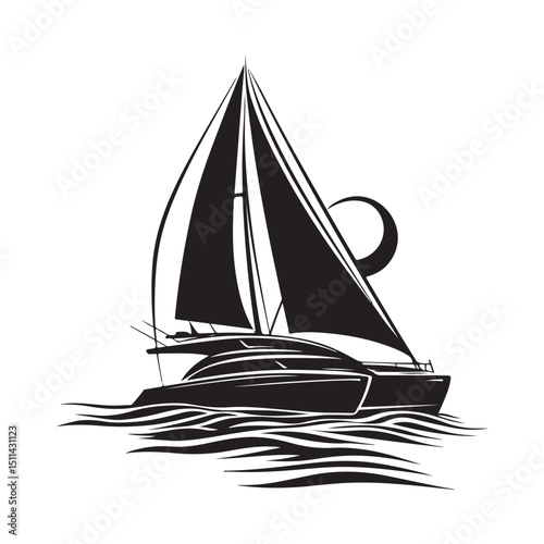 Cruise Catamaran Image. Sailing Catamaran Vector Art vector black color silhouette.