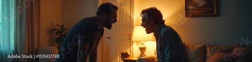 A tense domestic scene unfolds, filled with raw emotion and unspoken conflict The atmosphere is heavy with anger and frustration, suggesting a heated argument is underway , home, damaged