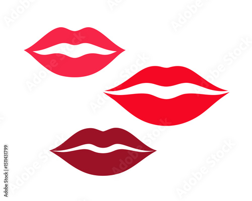 Beautiful stylized painted red female lips of different shapes, vector illustration, flat design. A graphic element for decoration, design, packaging, cover, makeup, cosmetics. The kiss is isolated
