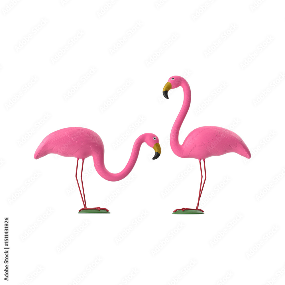 Fototapeta premium Two Pink Plastic Flamingo Garden Lawn Ornaments Isolated on Transparent Background